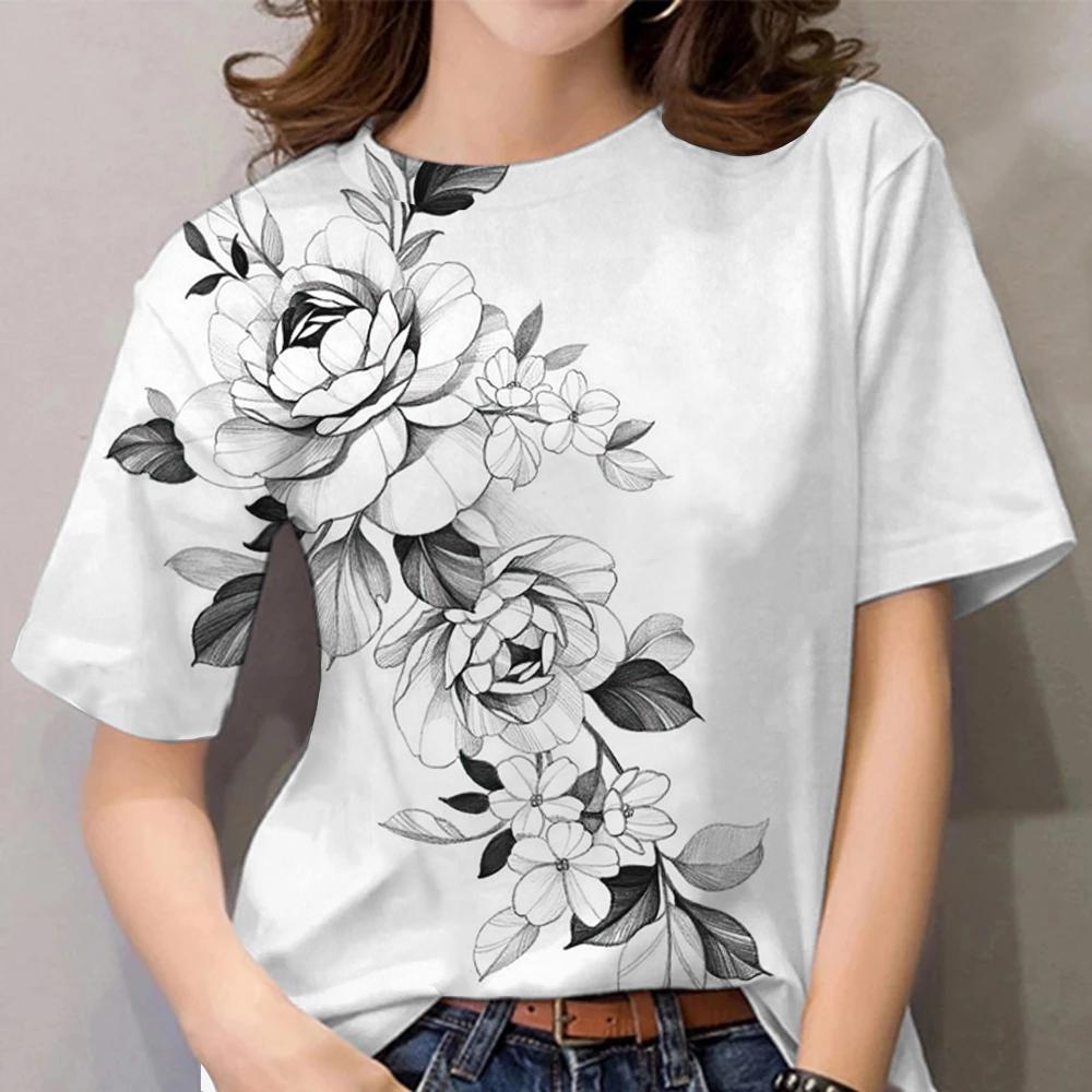 Summer Round Neck 3D Butterfly Flower Pattern Print Top Fashionable Casual Short Sleeved Women's T-shirts