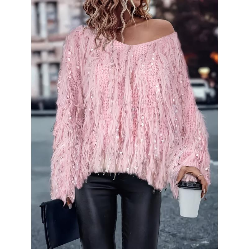 Women's Long Sleeve V-Neck Tassel Sweater, Fashionable Casual Pullover
