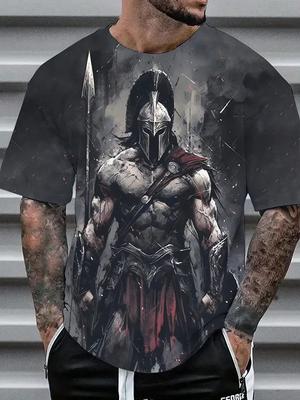 Summer Men's Warrior Spear Retro Art Painting Print T-Shirt Fashion Street Men's Tops Large Size Short-Sleeved Tee Loose Clothes