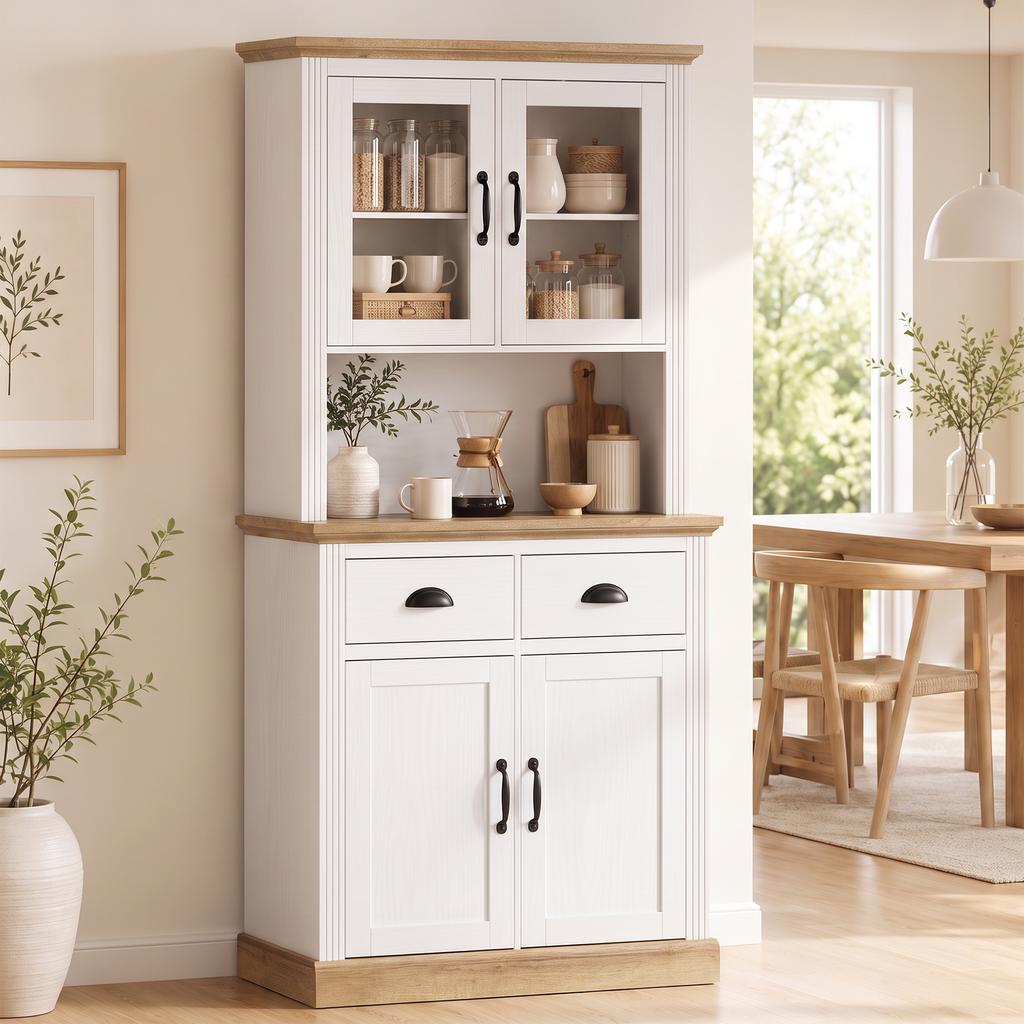 High Kitchen Sideboard, 4 Doors, 2 Glass, 2 Drawers, Worktop, Adjustable Shelves, White