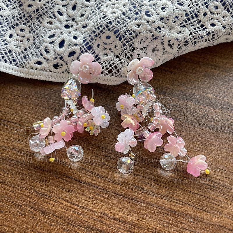 

Pink Flower Tassel Ear Studs Ear Clip Women s Holiday Travel Seaside Vacation Style Earrings Non-Piercing Eardrops Earrings Pink tassel flower stud earrings