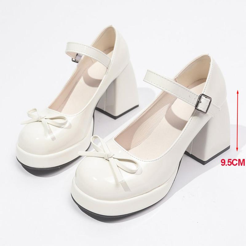

Модные туфли-лодочки на супервысоком каблуке с бантом для женщин в стиле Лолита из лакированной кожи на массивной платформе, осенние туфли Мэри Джейн с ремешком на щиколотке 40 бежевый