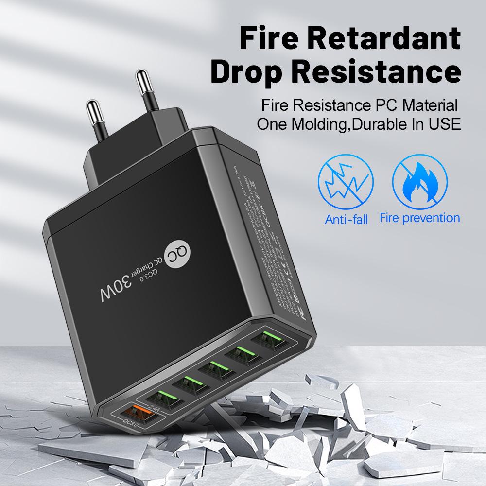 30W 6-Port QC3.0 Fast Charger with EU, US, UK, Korean Plugs