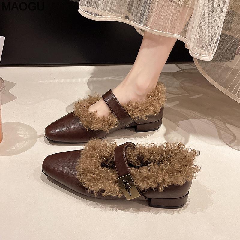 Autumn Winter Women's Low Heel Mary Jane Shoes Square Toe Fuzzy French Retro Style Plush Pumps Vintage Comfortable Footwear
