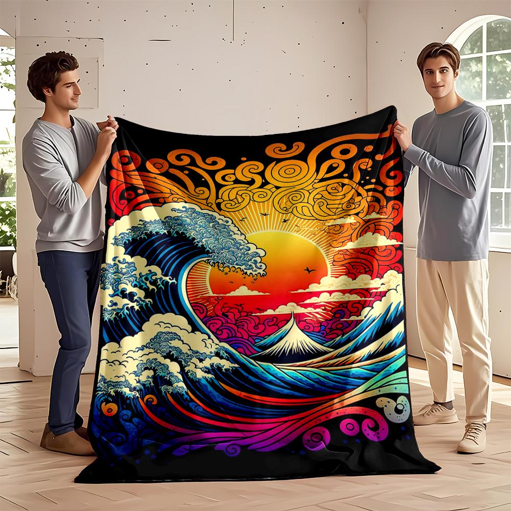 Vibrant Ocean Waves and Sunset Art Blanket Flannel blanket for bedroom, living room, sofa, and nap sofas.