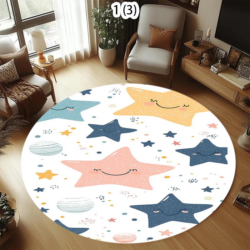 

Cute Star Print Round Rug Playful Star Planet Pattern Carpet Soft Non-Slip Floor Mat for Kids Room Living Room Floor Decor 100cm