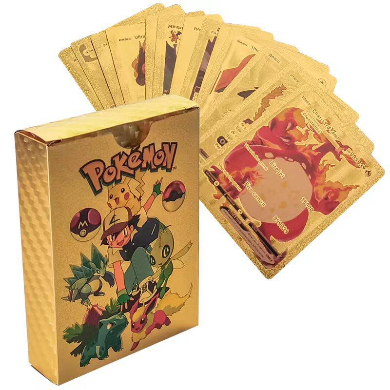 Karty se zlatou fólií 55 ks Sběratelské karty TCG Anime Merch Dárky Lesklý zlatý povrch Anglická verze žlutá