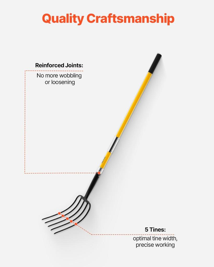 5 Tines Garden Fork Fiberglass Handle 57 in Spading Pitchfork Heavy Duty