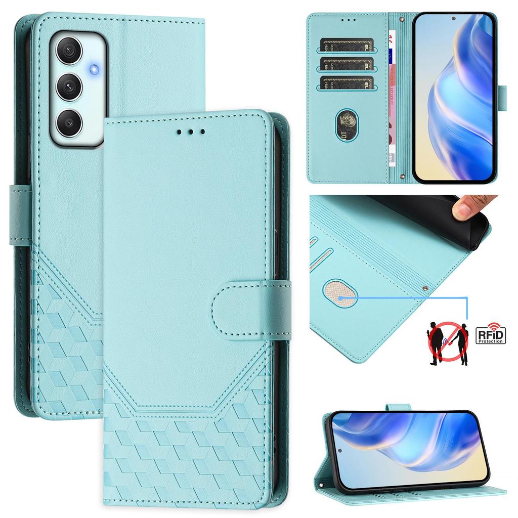 For Samsung Galaxy A35 5G Case Imprinted Honeycomb RFID Blocking Leather Phone Cover with Strap