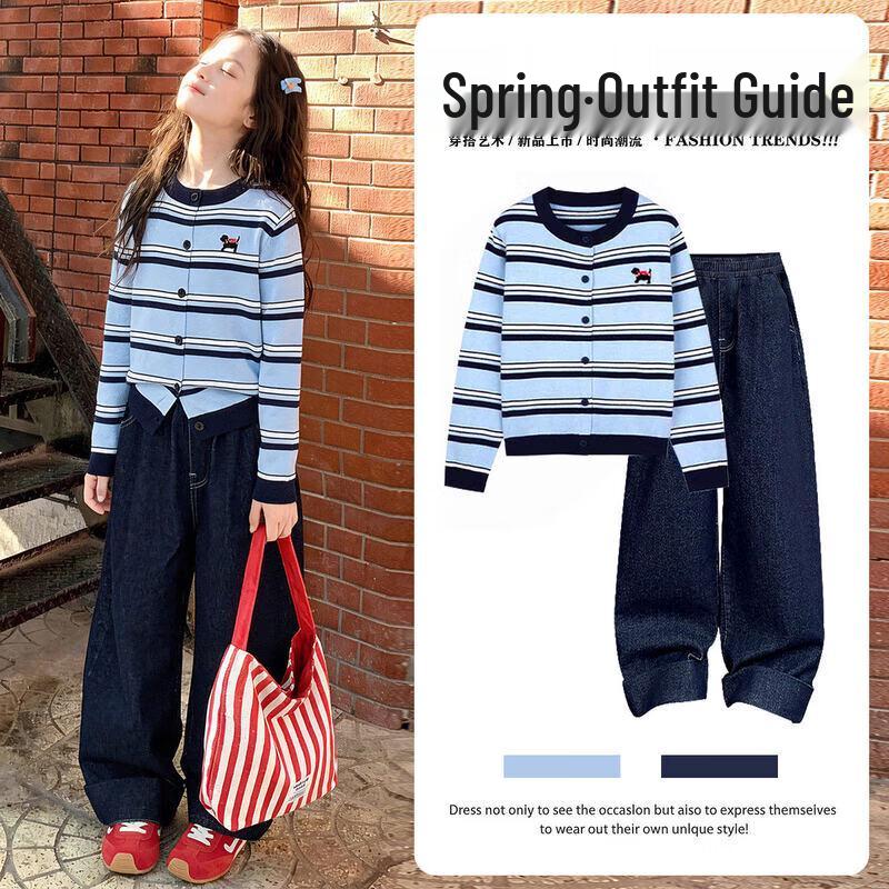 Moonkids Girls' Korean Style Sweater and Denim Set