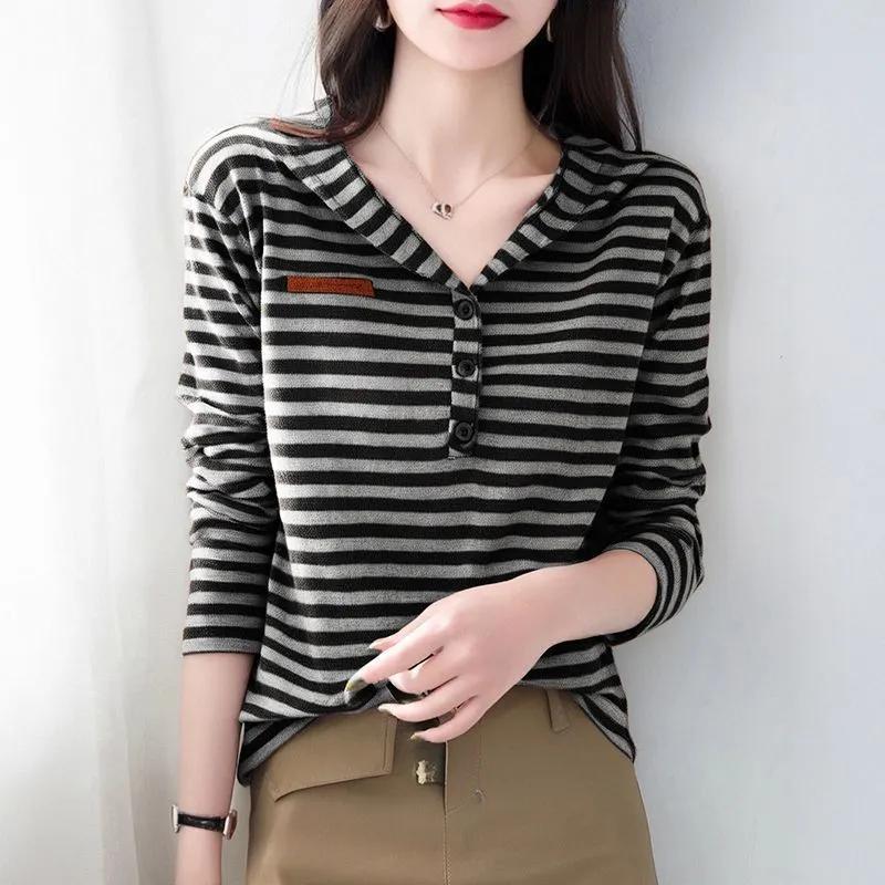 Women's Striped Hooded Half Button Knit Sweater Casual Long Sleeve Top