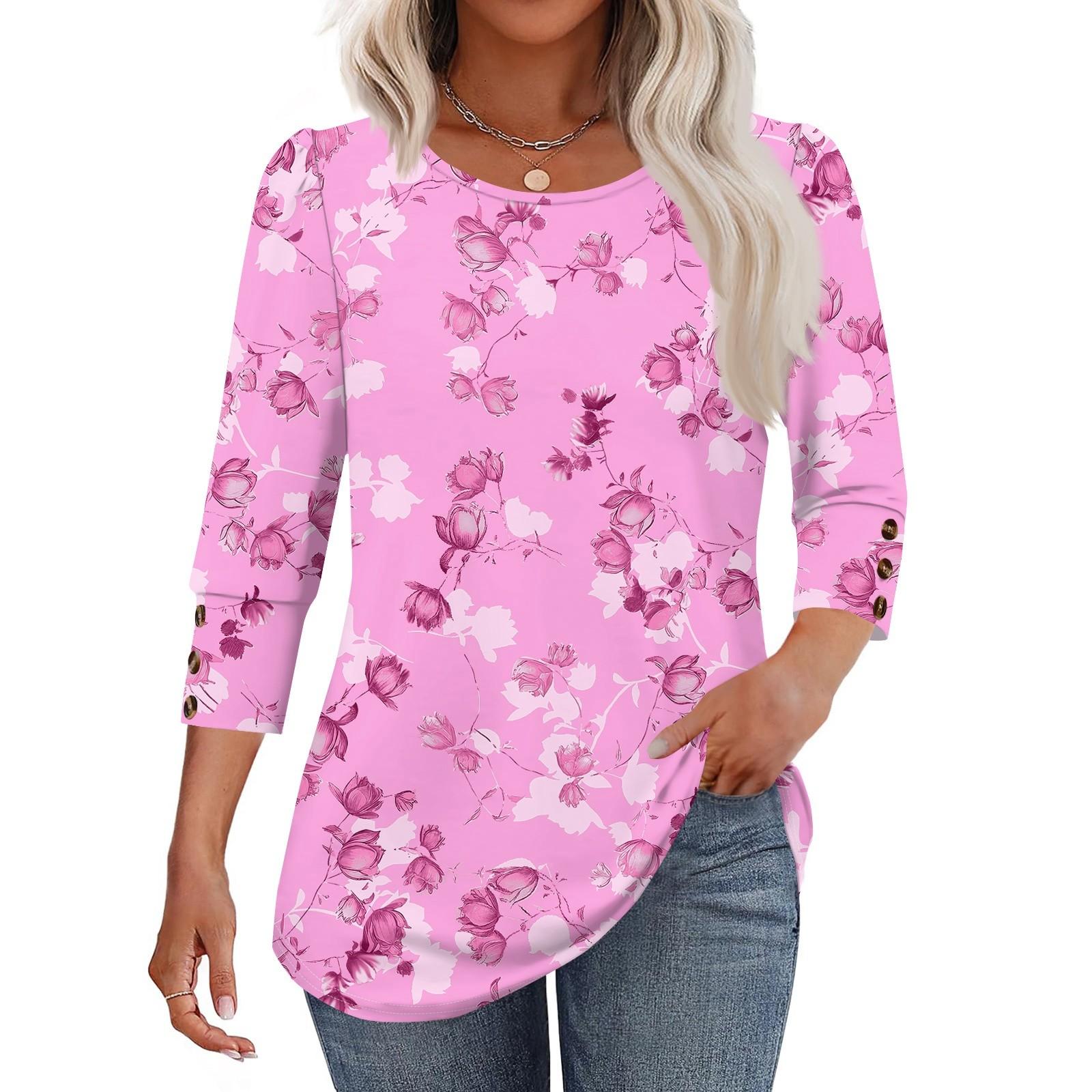 

Женская мода Повседневная Винтажная Футболка Топ с круглым вырезом и рукавом в семь сложений с цветочным принтом XXL розовый