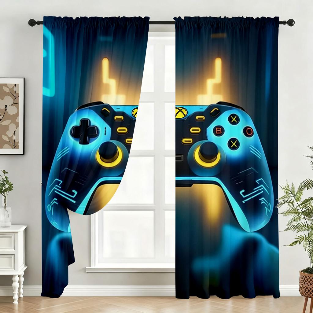 2PC Blue & Yellow Gaming Controller Curtains - Futuristic Neon Print Window Drapes for Boys Bedroom Game Room Decor