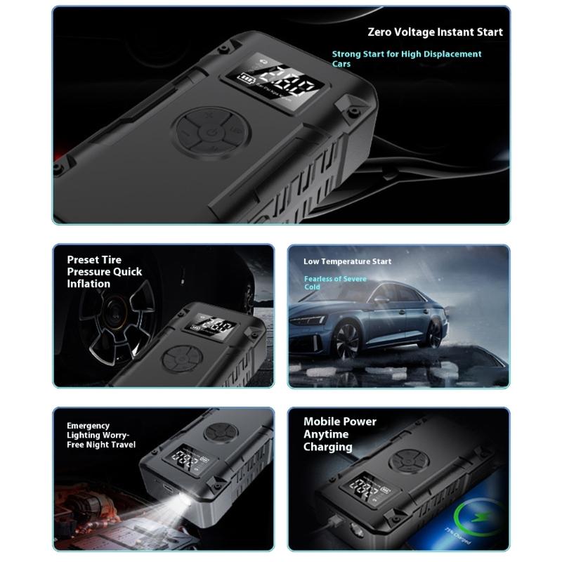 Bike Car Starting Device Jump Starters Digital Tire Inflator, with LED Light for Unexpected Low Tire Pressure Situations