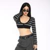 Damen Gestreiftes Langarm Nabel T-Shirt Sommer Neu Streetwear Mode Slim Kurze T-Shirts Damenbekleidung Vielseitige Sport Crop Tops