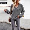 Autumn Winter Women Solid Color V Neck Knit Sweater Long Sleeve Top