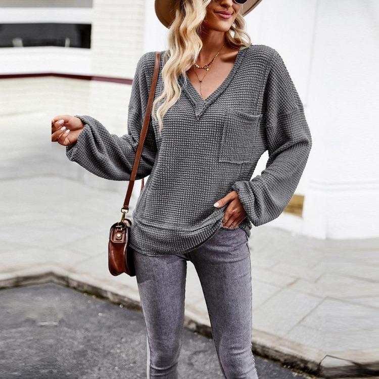 Autumn Winter Women Solid Color V Neck Knit Sweater Long Sleeve Top