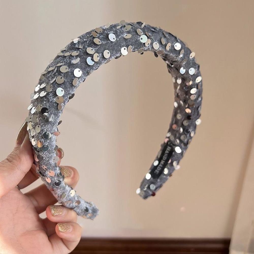 Velvet Sequins Headband Solid Color Sponge Hair Band Exquisite Wide Hairband  Ladies