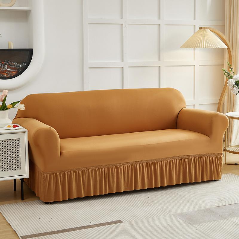 1pc Stretch Sofa Cover With Skirt Solid Color Dustproof Non-slip Adjuatable Sofa Slipcover for Bedroom Living Room Home Decor