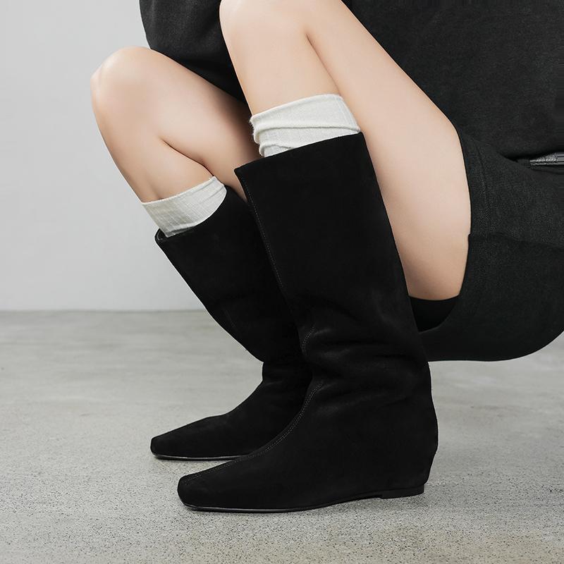 Fashion 2025 New Autumn Knee-high Boots Cow Suede Leather Women Shoes Square Toe Slip-on Western Modern Boots Height Increase Long Boots