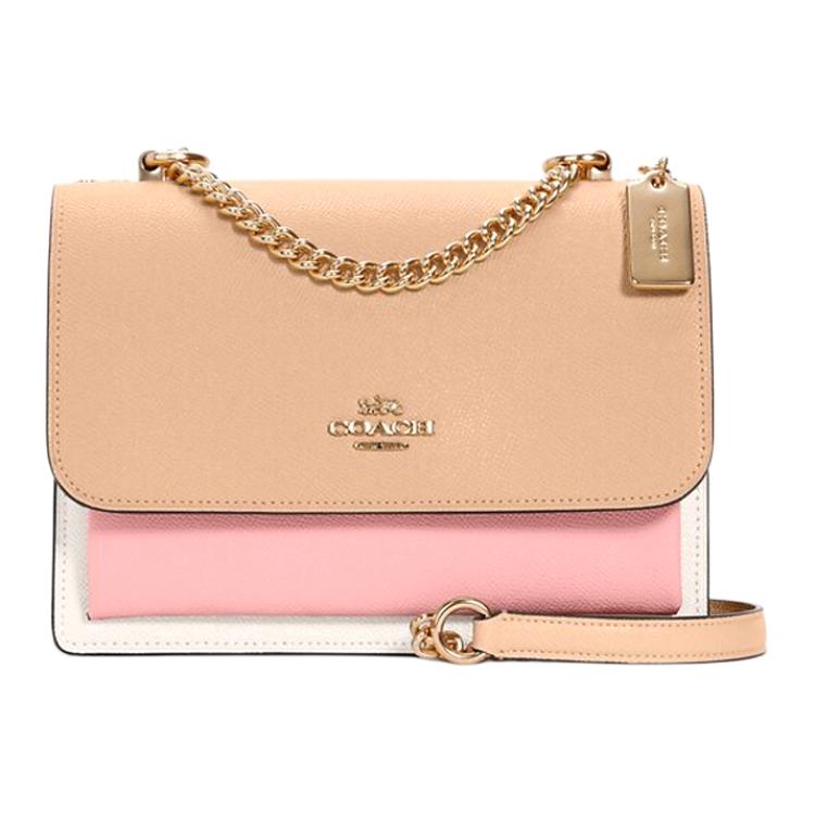 Coach Klare 21 Classic Logo Color Block Flap Metal Chain Bag Leather Crossbody Small Women bags Light-Khaki Pink White 2308-IMTAP
