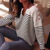 Fashion Contrasting Striped Autumn Winter Women Sweater Elegant Shoulder Button Long Sleeve Knitted Elegant Versatile Pullover