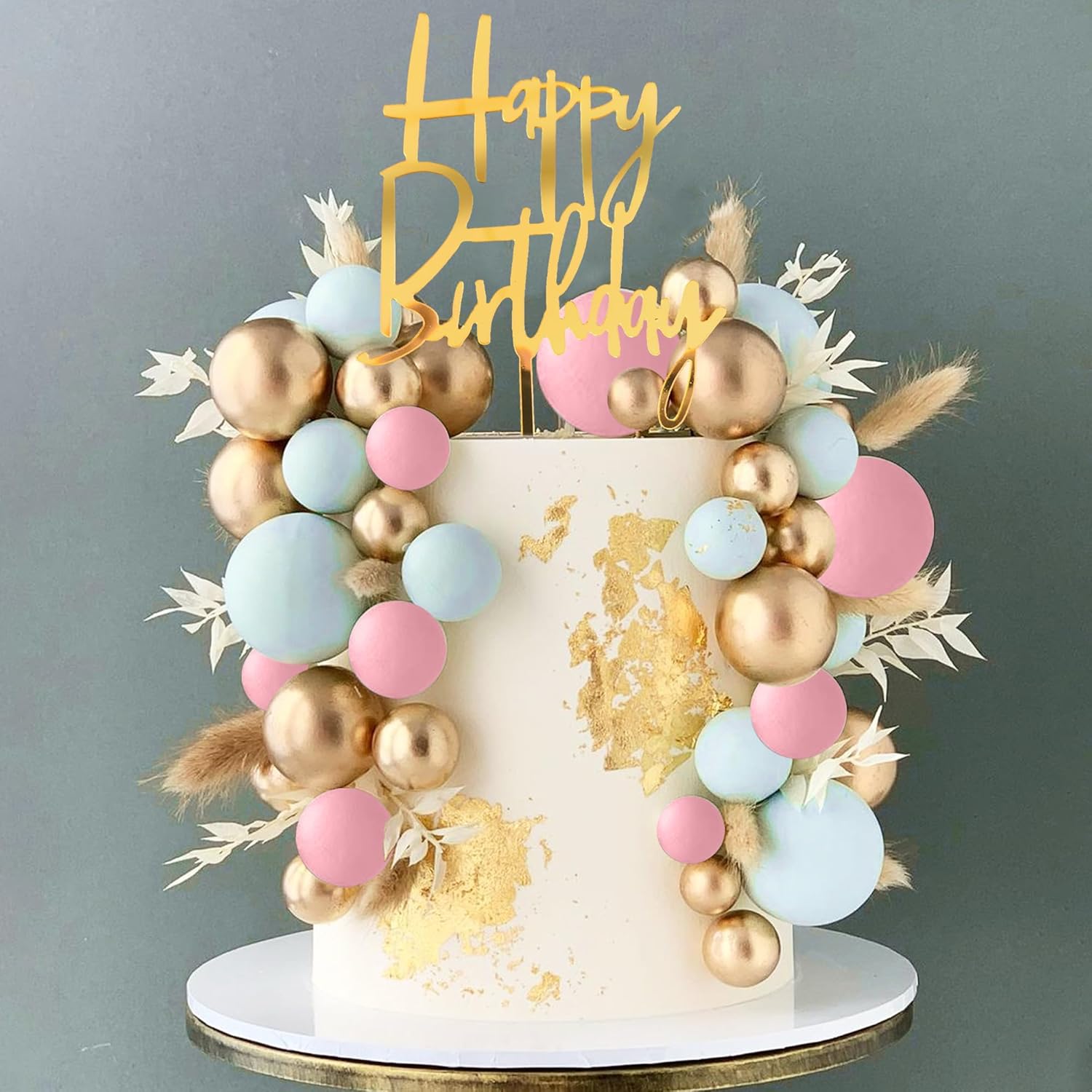 

Balls Cake Topper Boho Grass Cake topper Happy Birthday Cake Decorations for Wedding Birthday Boho Themed Party Supplies