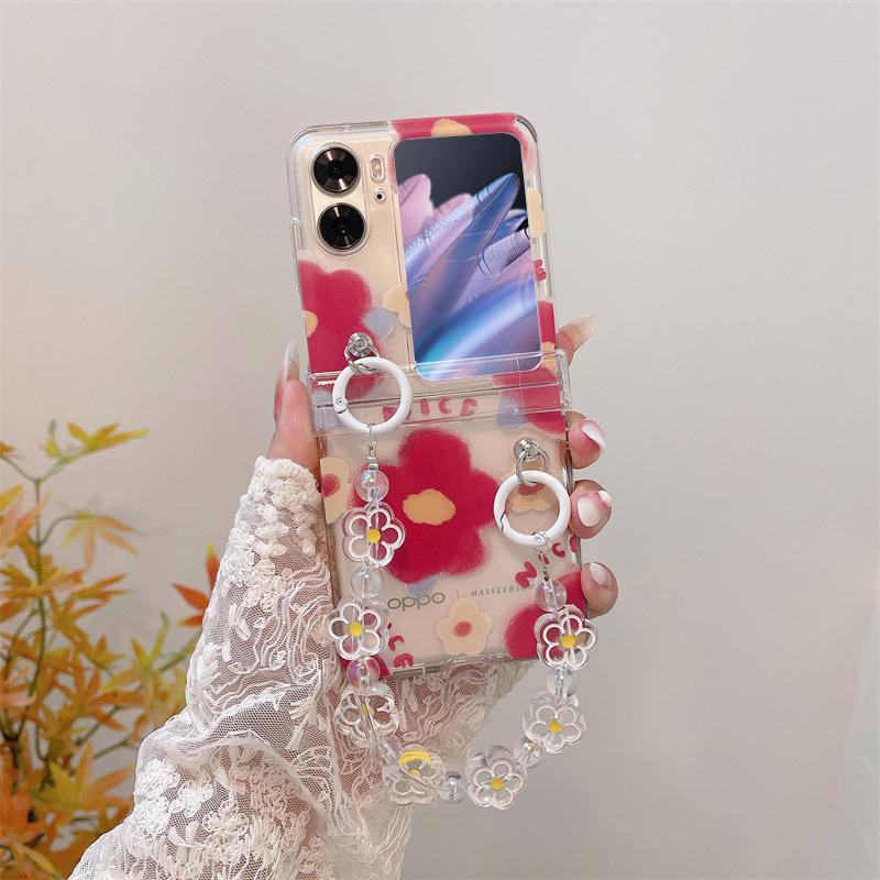 For Oppo Find N2 Flip 5G Case Flower Pattern Printing PC Phone Cover with Flower Charm Chain