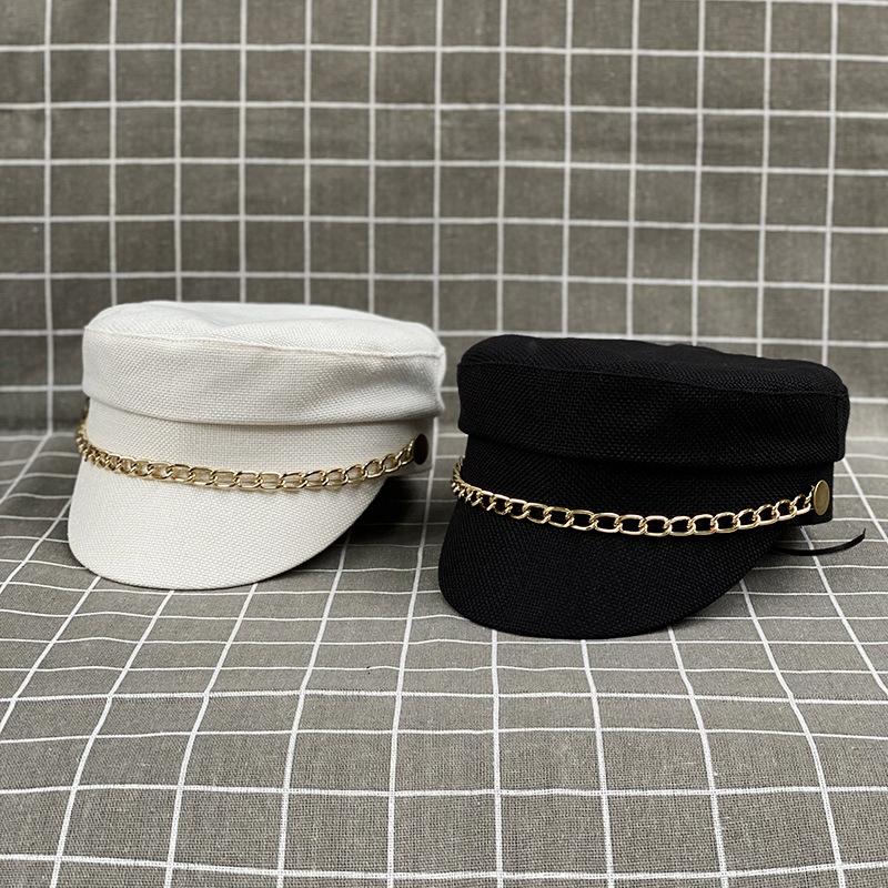 British Flat Top Hat Women'S Chain Decorative Octagonal Hat Trendy Versatile Beret Simple Spring And Summer