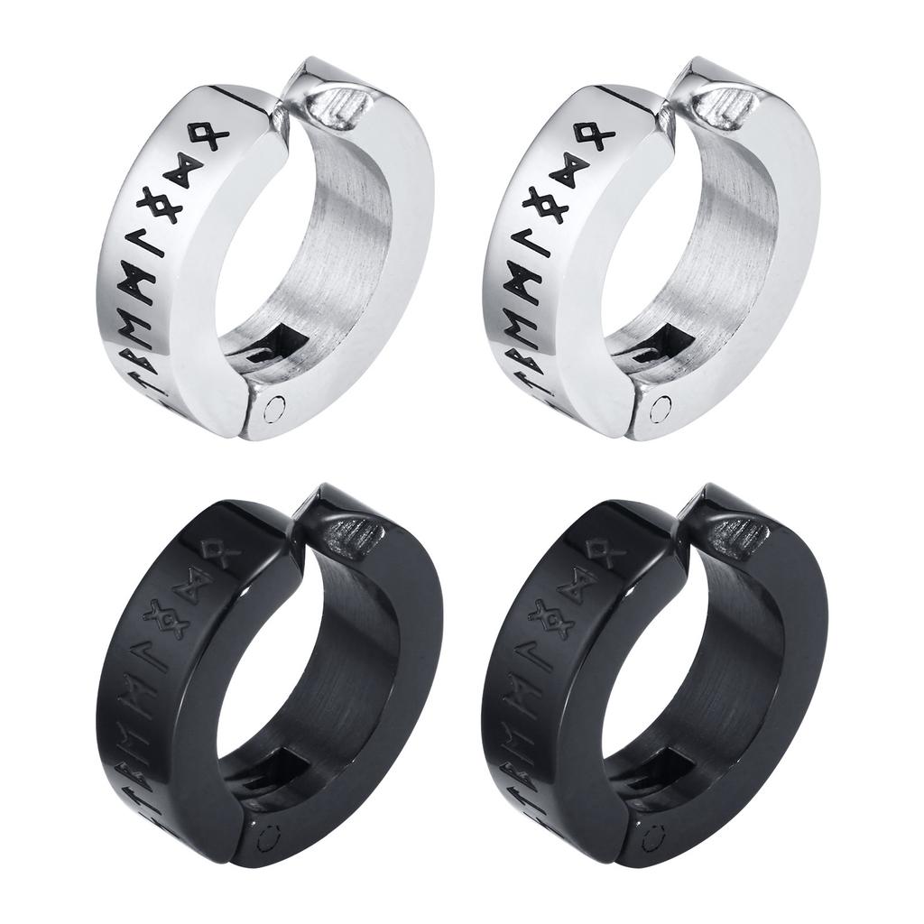 Mens Norse Viking Runes Ear Clips 13mm Stainless Steel Huggie Hoops No Piercing Jewelry Gift for Boys