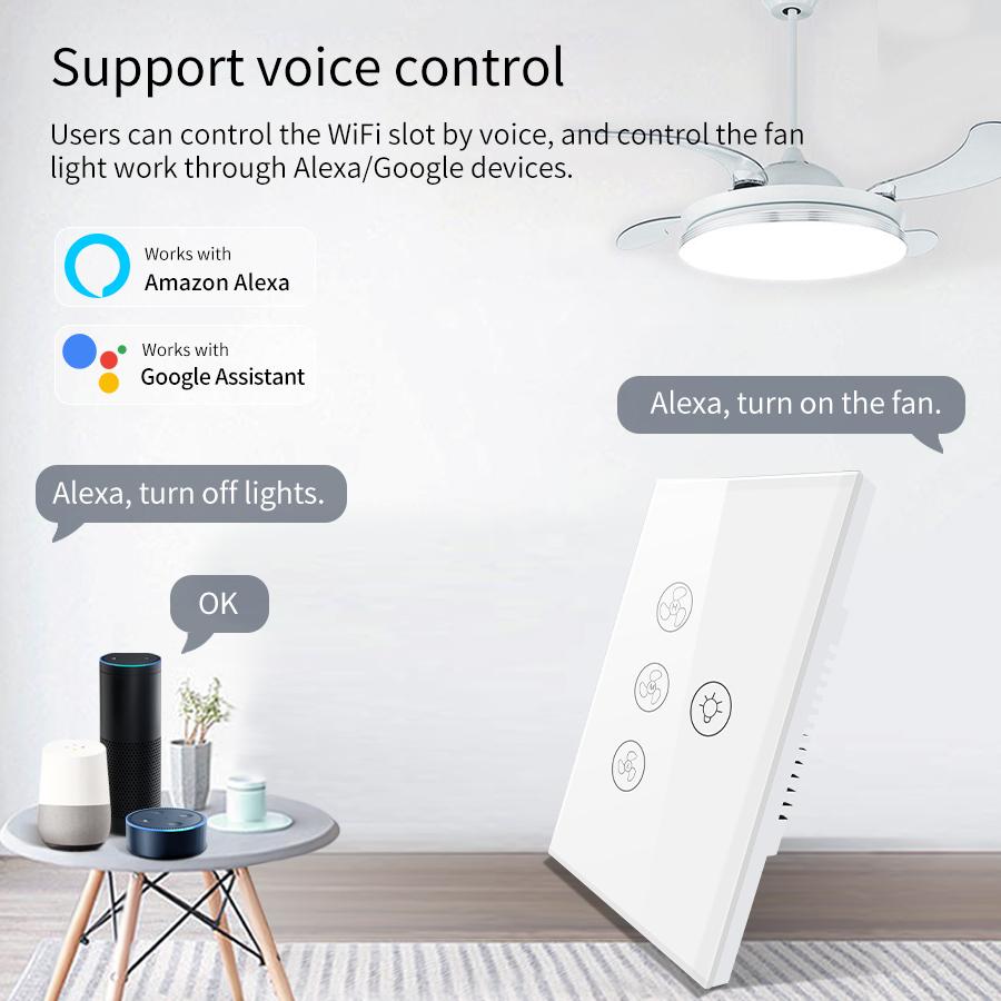 Tuya WiFi Smart Fan Light Switch Touch Panel Switch App Control Voice US Standard Work With Alexa Google Home Speed Regulation