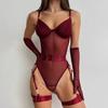 European and American Women Sexy Sheer See Through Bodysuit Patchwork Mesh Lingerie Shapewear with Straps and Gloves