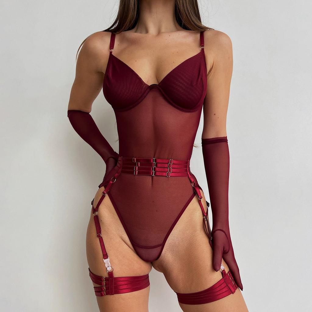 European and American Women Sexy Sheer See Through Bodysuit Patchwork Mesh Lingerie Shapewear with Straps and Gloves