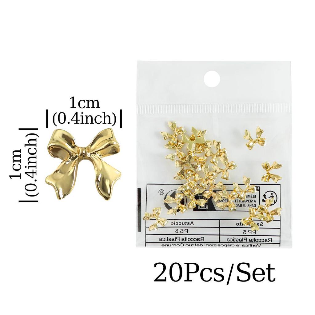 20pcs Golden Metal Ribbon Bow Nail Art Charms Kawaii 3D Nails Decoration Accessories Summer DIY Manicure Designs Supplies Parts