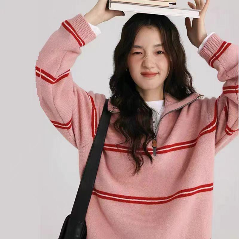 Women's Striped Wool Cashmere Sweater - Thickened Collar, Versatile Loose Knit Base Layer for Autumn & Winter