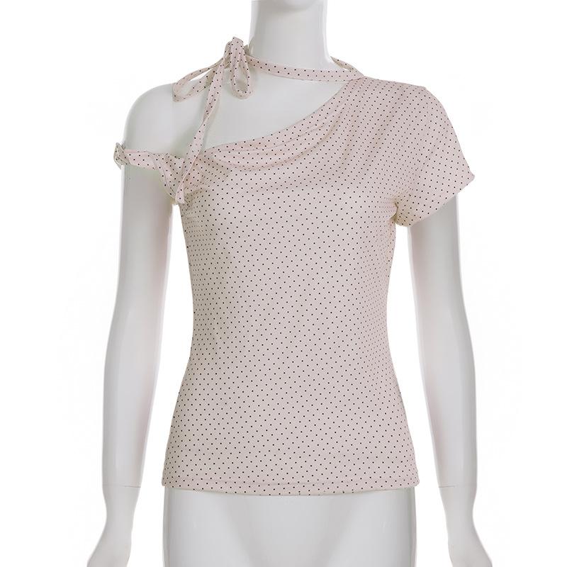 2026 New Women Sweet Polka Dot Halter Top Backless Knot Slim Fit Short Sleeve Tee INS Streetwear Fashion Casual Tops