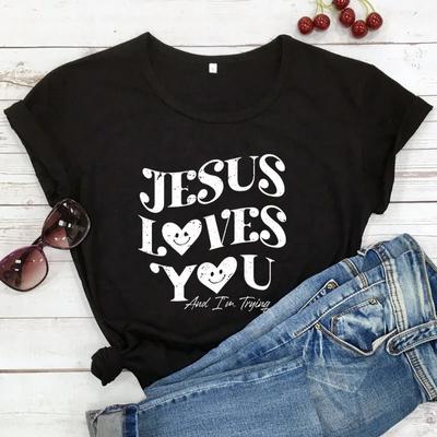 Jesus Loves You Printed Round Neck Summer Cotton Loose T-Shirts Women’s