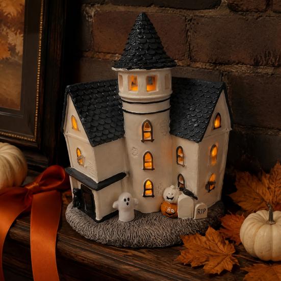 Small House Statue Vintage Light-Up Cottage Halloween Decoration, Gothic Ghost Pumpkin Village Figurine Figurine, LED Rustic Courtyard Resin