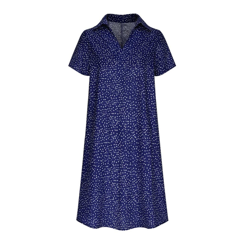 Yousheng Summer Dress Dot Printing Short Sleeves Loose A-line Shirt Dress V Neck Knee Length Midi Dress for Dating Travel Vacation