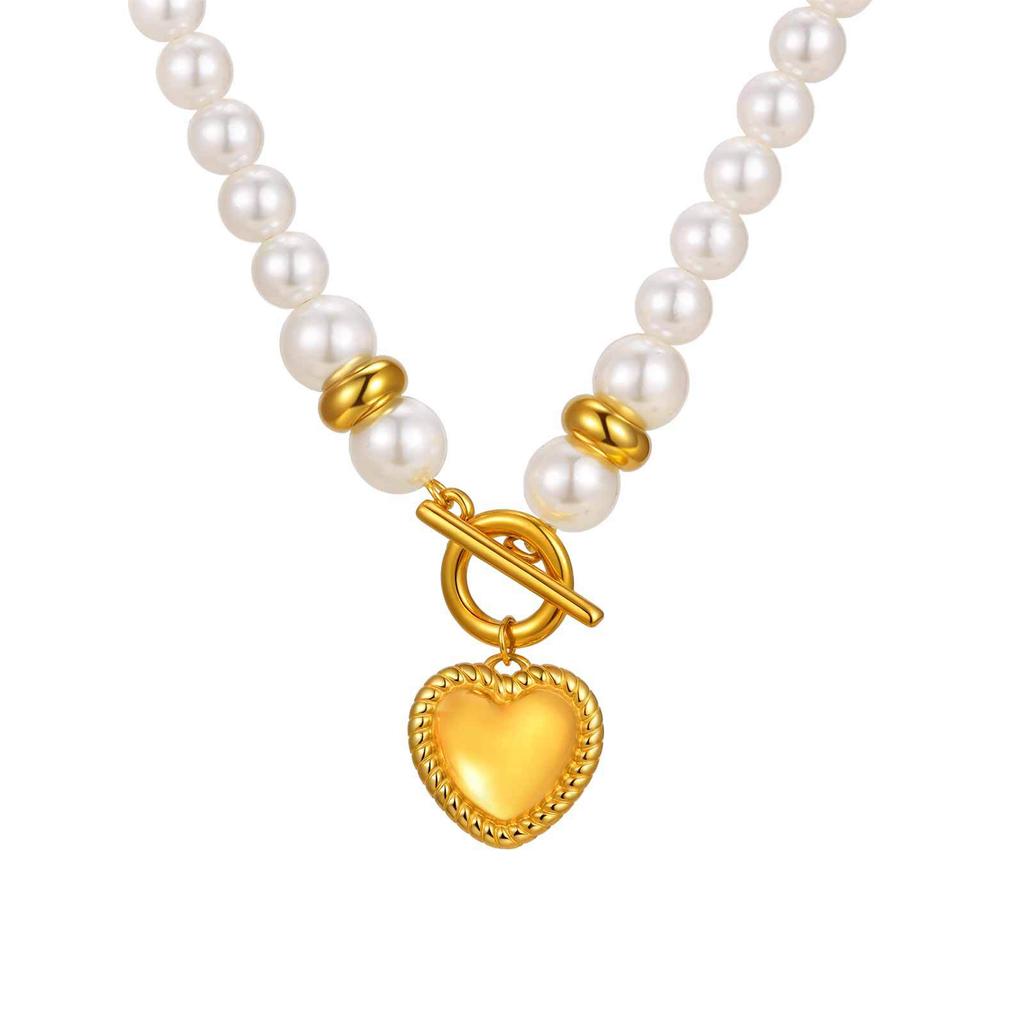 Stainless Steel Embossed Heart-Shaped Imitation Pearl Beaded Ot Buckle Necklace Plated With 18K Gold, Jewelry Nc-2136G