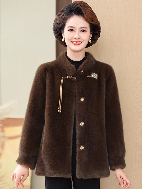 Elegant Short Winter Coat for Middle-Aged Women - Faux Mink Leather and Fur, New Chinese Style.