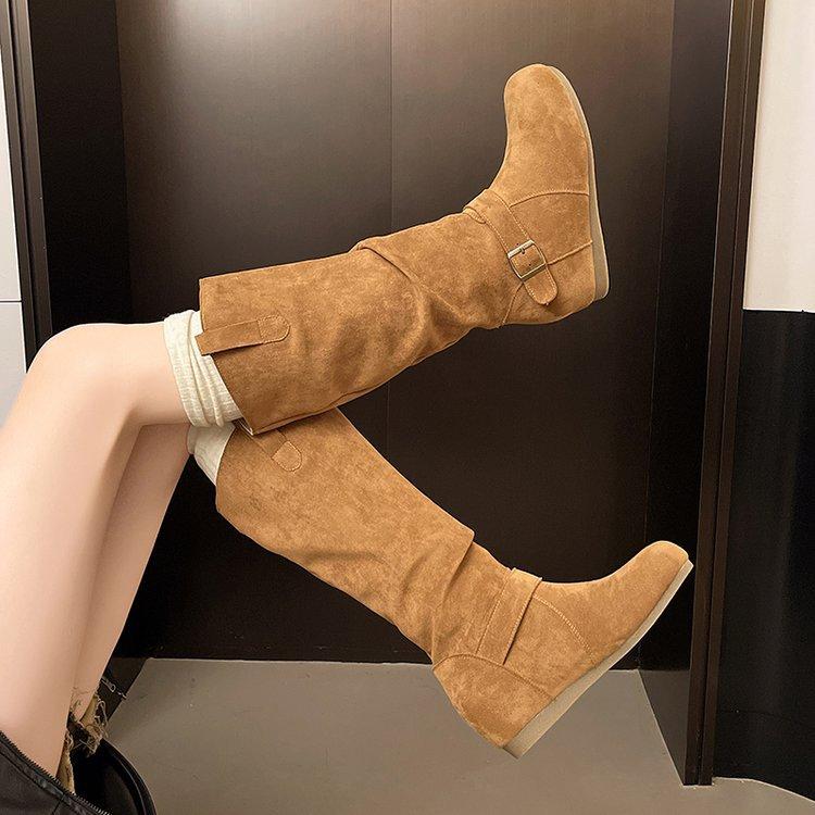 Korea Dongdaemun niche design boots women's winter heightening belt buckle sleeve thick-soled knight boots long boots