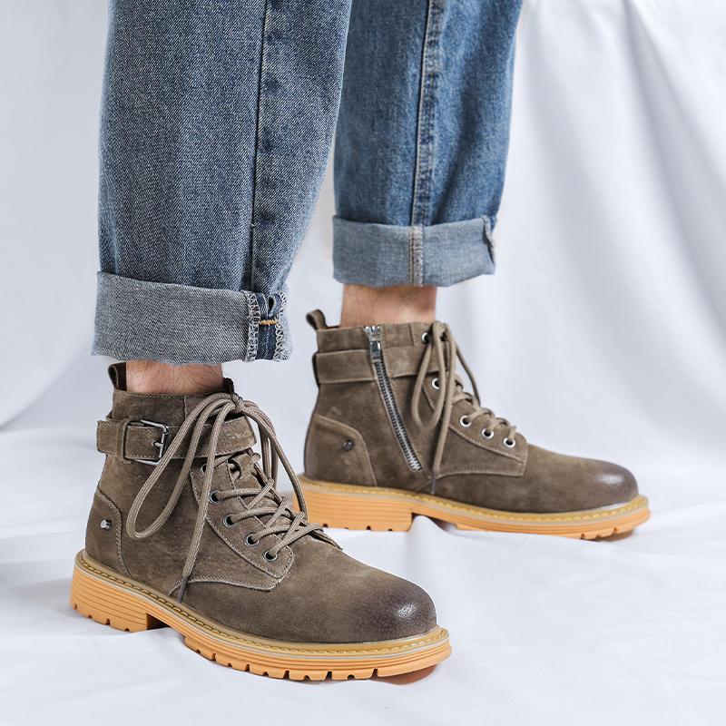 Mode Frühling Neu Dicke Sohle Hochwertige Plateau Herren Stiefeletten Leder Schwarz Motorradstiefel Herren Punk Outdoor Trendstiefel