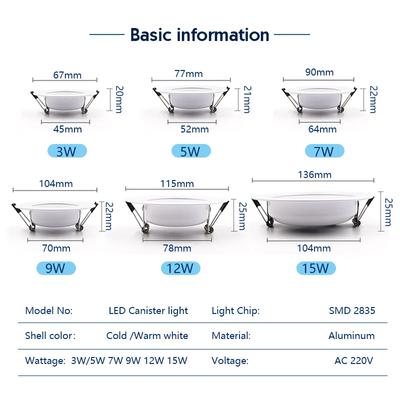 10 szt./partia Led Downlights 220V Lampa Sufitowa 3W 5W 7W Wpuszczana Lampa Downlight Okrągła Lampa Panelowa 9W 12W 15W Reflektor Oświetlenie Wewnętrzne