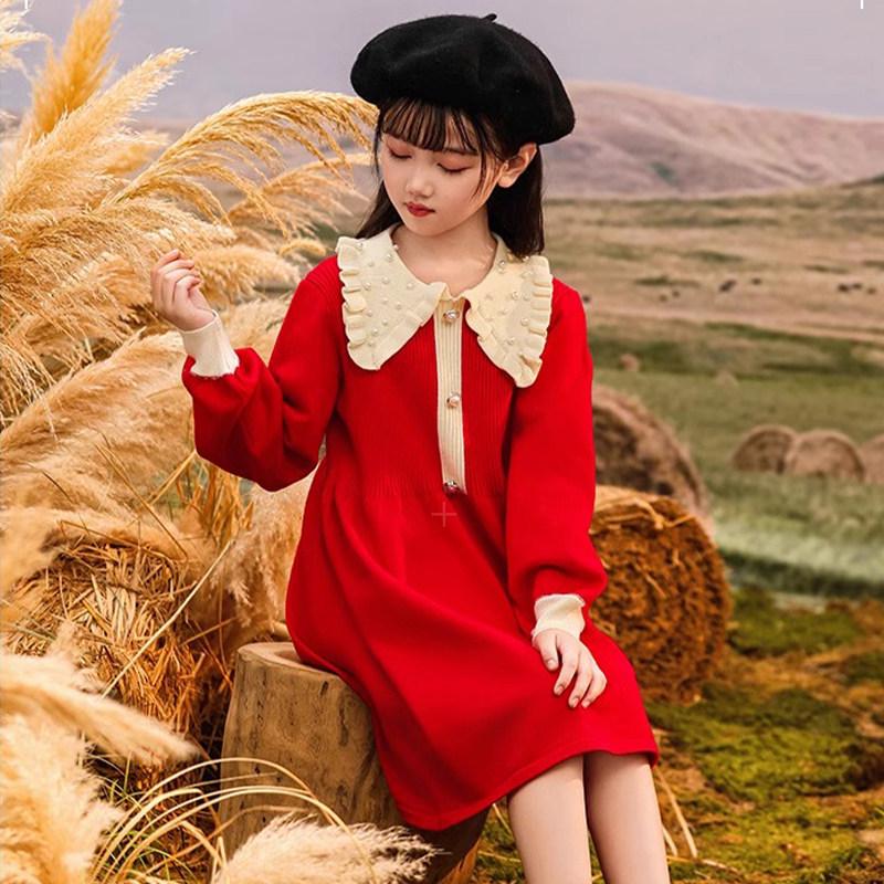 Girls' Red Faux Two-Piece Knitted Dress, 2025 Style, Autumn/Winter Fashion for Big Girls