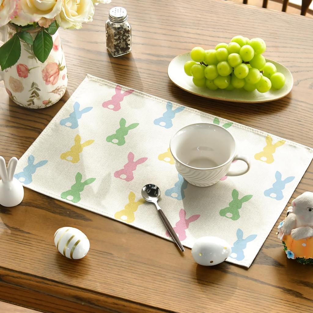 Colorful Bunny Rabbit Easter Placemats Set of 4, 12x18 Inch Seasonal Table Mats for Party Kitchen Dining Decoration