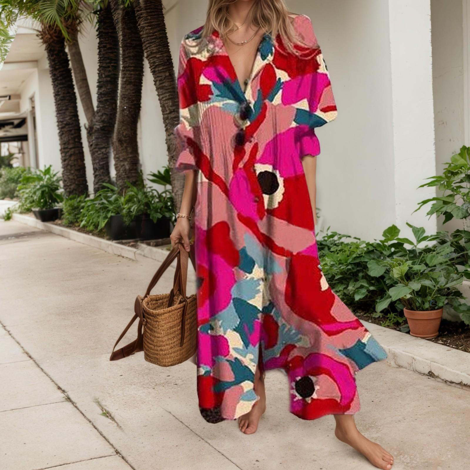 

Женское платье макси с длинным рукавом на пуговицах, платья-рубашки с цветочным принтом, длинное летящее летнее платье L