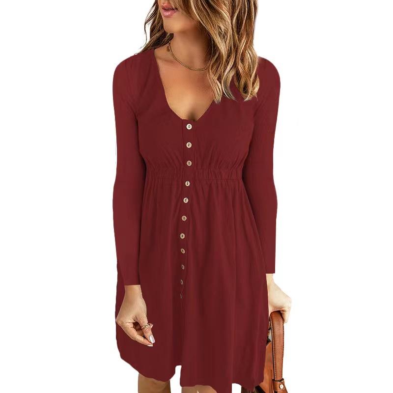 Women Dress Long Sleeve V-Neck Button Tunic Mid Dress Fashion Loose Solid  Knee-length Dress for Daily Office,Party