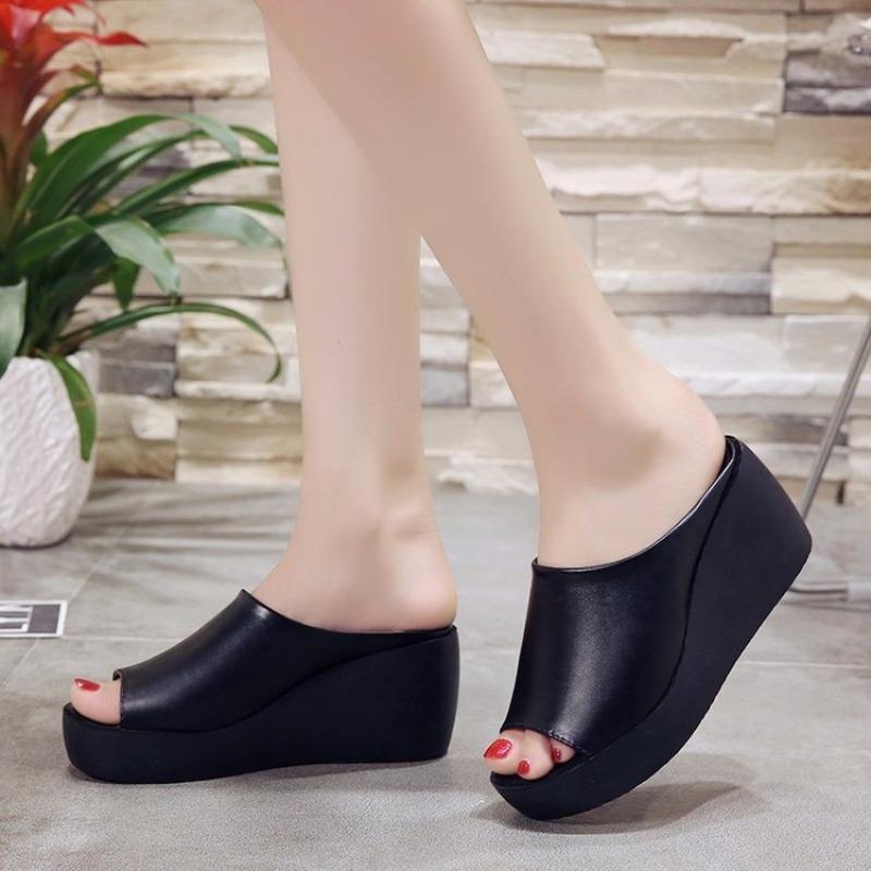 

Summer one-word drag fish mouth muffin outer wear wedge heel fashion casual women s cool slippers thick bottom super high heel 41 чёрный
