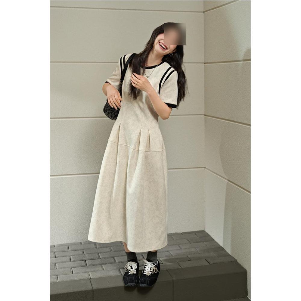 Wide color gray short-sleeved splicing dress women's 2025 spring and summer new waist slim skirt
